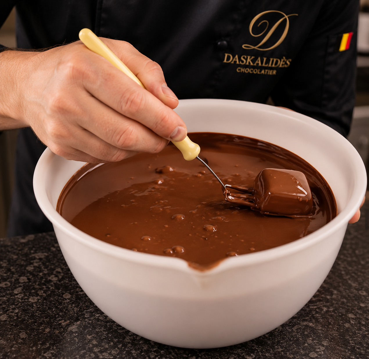 Maître chocolatier Daskalidès enrobant une praline à la main